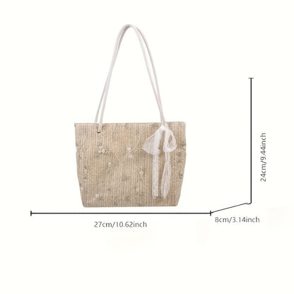 realaiot Straw Woven Tote Bag, Lace Decor Shoulder Bag, Women's Casual Handbag For Travel Beach