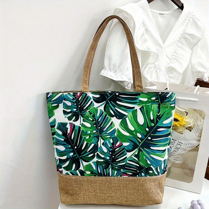 realaiot  Tropic Pattern Tote Bag, Holiday Summer Beach Bag Travel Bag For Vacation, Canvas Large Capacity Shopping Bag