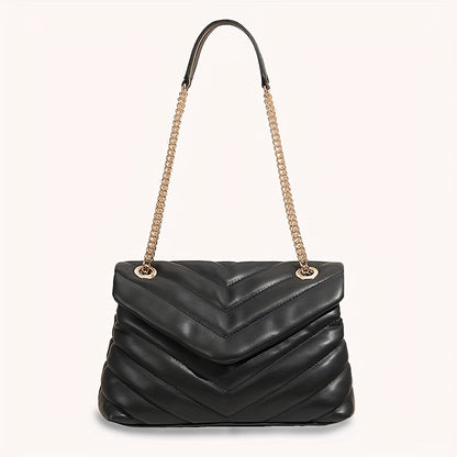 Minimalist Quilted Detail Chain Bag, Classic Solid Color Shoulder Bag, Women's Faux Leather Handbag