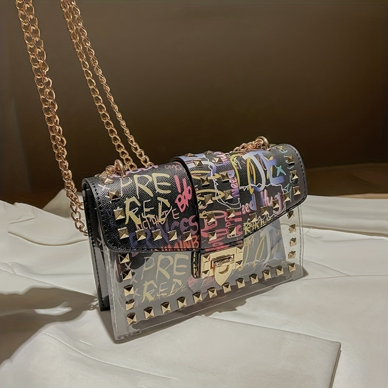 realaiot  Colorful Graffiti Chain Crossbody Bag, Trendy Studded Decor Shoulder Bag, Women's Small Flap Square Purse