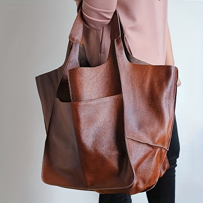 Large Capacity Retro Tote Bag, Soft PU Leather Shoulder Bag, Stitching Handbag For Work Travel Shopping