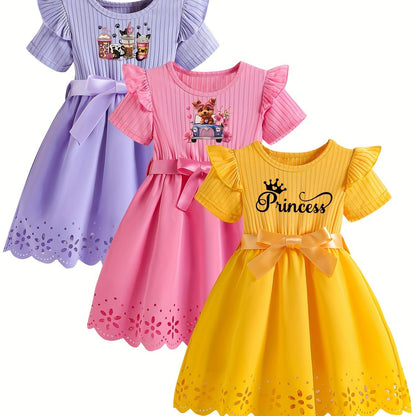 3pcs Girls Adorable Cartoon Character Print Casual Dress Set - Ruffle, Hollow-Out Design, Short Sleeve, Bowknot Belt, Polyester Fabric, Slight Stretch, Regular Fit, Alphabets Pattern, Summer Wear, Knit Fabric