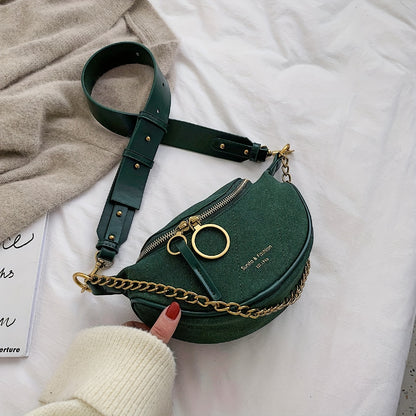 realaiot  Green Suede Crossbody Bag, Golden Chain Decor Chest Bag, Ring Zipper Adjustable Strap Fanny Pack