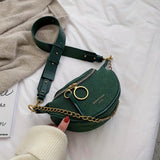 Green Suede Crossbody Bag, Golden Chain Decor Chest Bag, Ring Zipper Adjustable Strap Fanny Pack