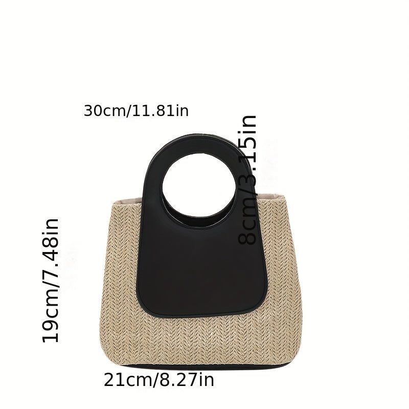 Retro Colorblock Straw Bag, Woven Simple Fashion Handbag, Casual Satchel Holiday Bag