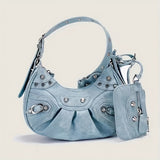 realaiot  Niche Rivets Decor Shoulder Bag, Y2K Style Crescent Shoulder Bag With Mini Hanging Purse