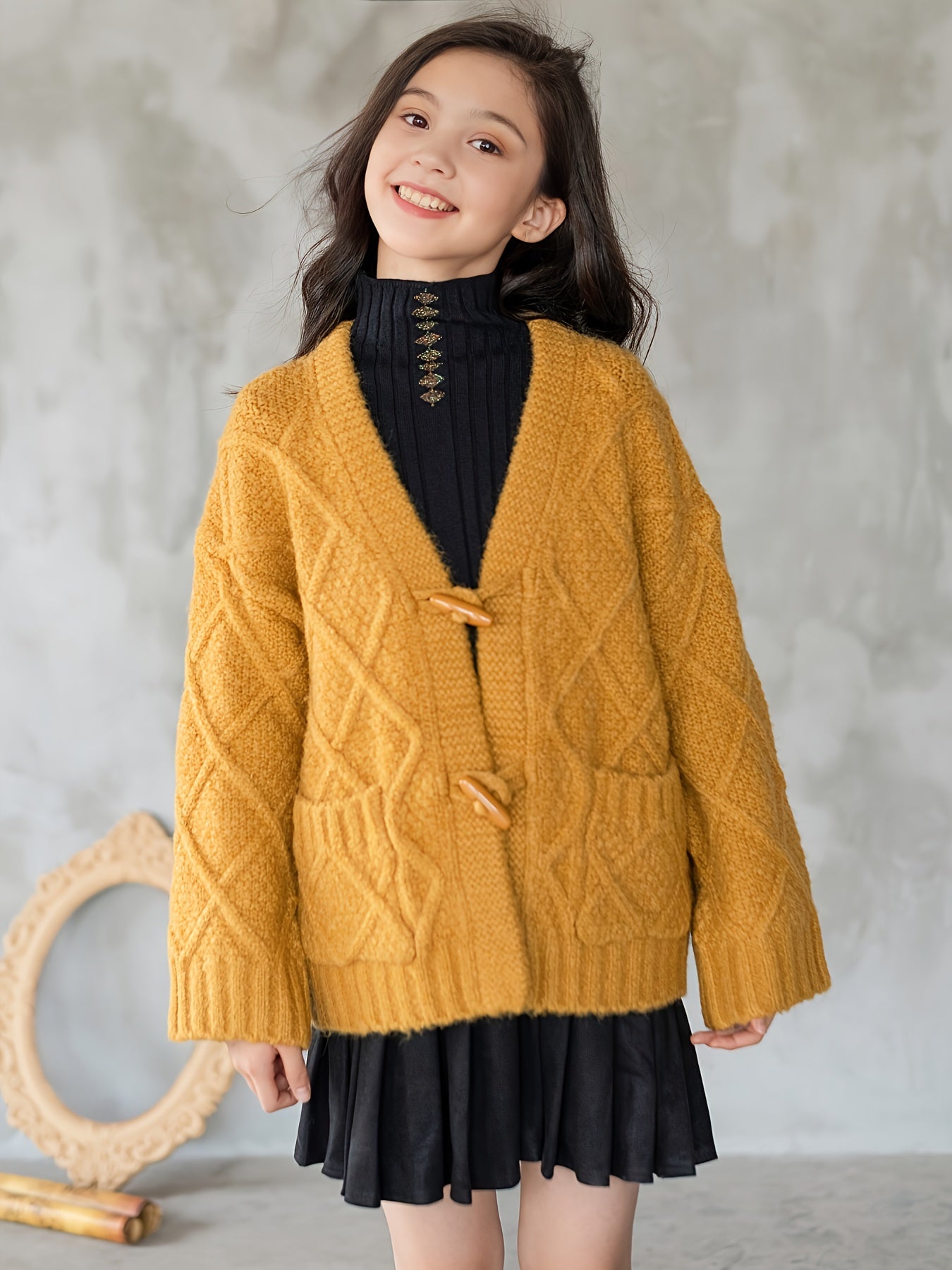 Casual Pockets Knit Cardigan Coat For Girls, Solid Color Long Sleeve Knitted Outerwear Winter/ Fall Clothing, 1pc