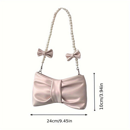 realaiot  Lovely Bow Ruched Shoulder Bag, Sweet Faux Pearl Chain Handbag, Kawaii Pleated Underarm Bag For Women