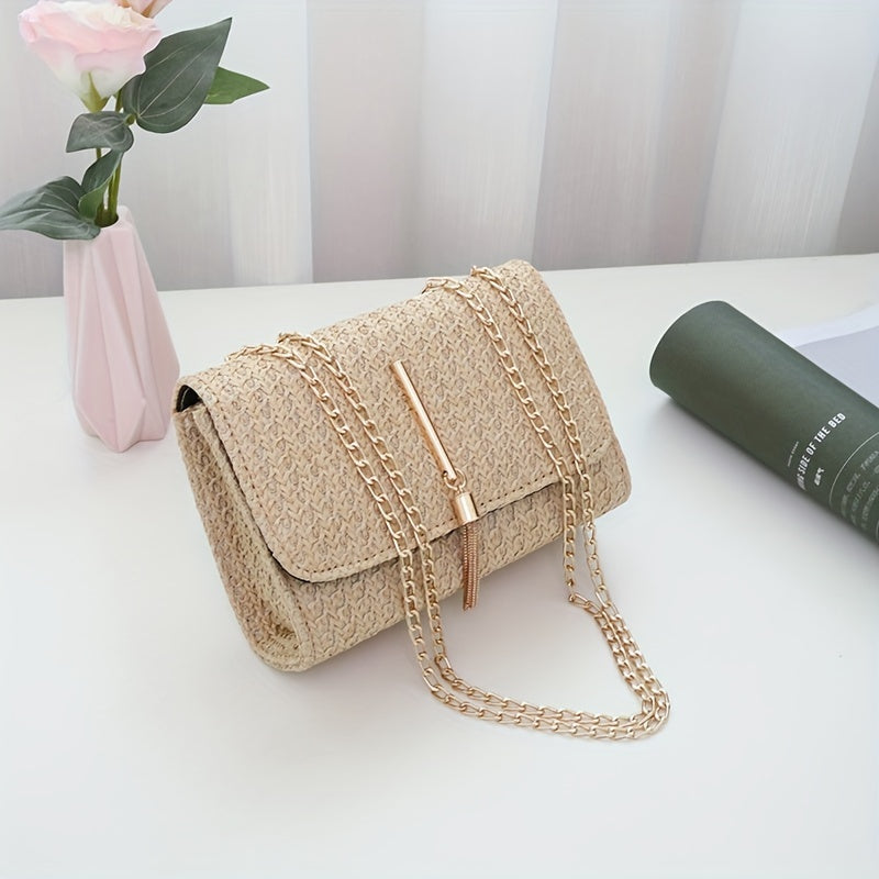 realaiot  1pc Mini Pearl Decor Crossbody Flap Straw Bag (7.5*2.8*5.5) Inch