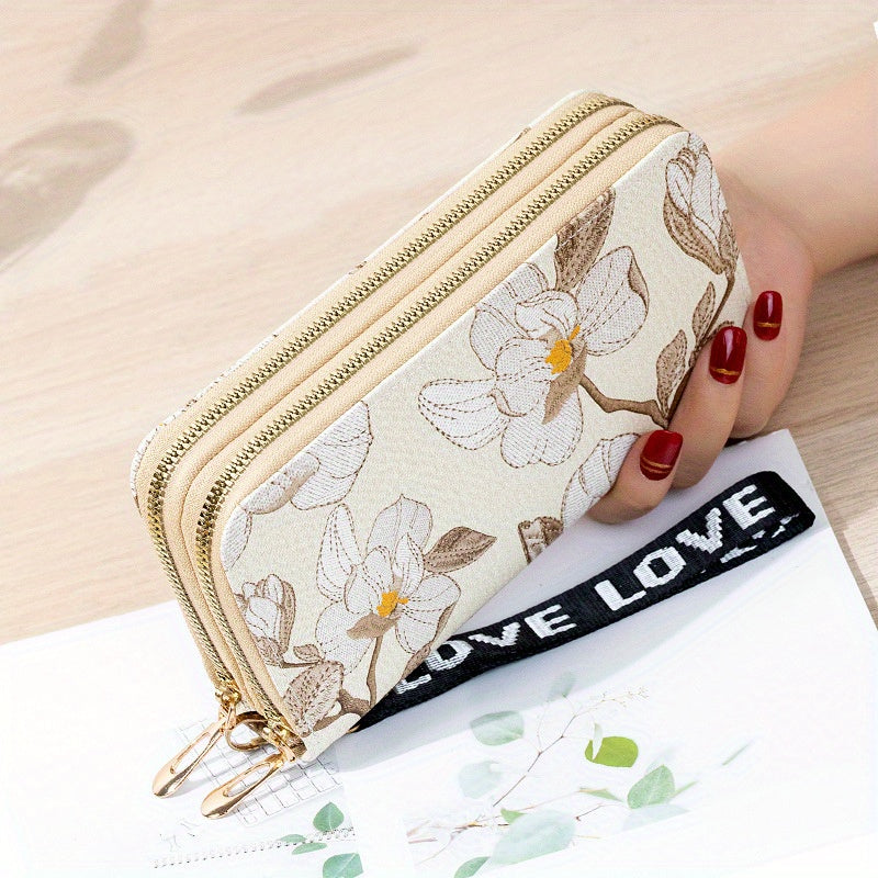 realaiot Flower Embroidery Long Wallet, Fashion Zipper Clutch Purse, Women's Phone Bag With Card Slots