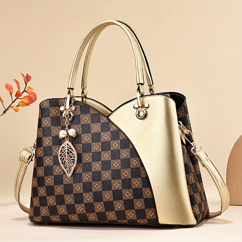 realaiot  Plaid Printed Handbag For Women, Luxury Color Matching Satchel Purse, Retro Crossbody Bag With Pendant