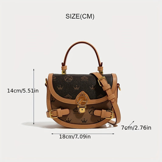 Ladies Classic Versatile Fashion Saddle Bag -  Daily Use Messenger Bag - Retro Crown Print Satchel Bag