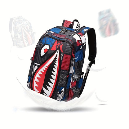 Shark Pattern Backpack, Trendy Nylon Student School Bag, Lightweight Travel Bookbag With USB Charging Port