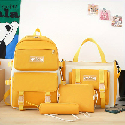 realaiot  4Pcs Student Backpack Set, Preppy Style School Bag With Tote Bag & Crossbody Bag & Pencil Case