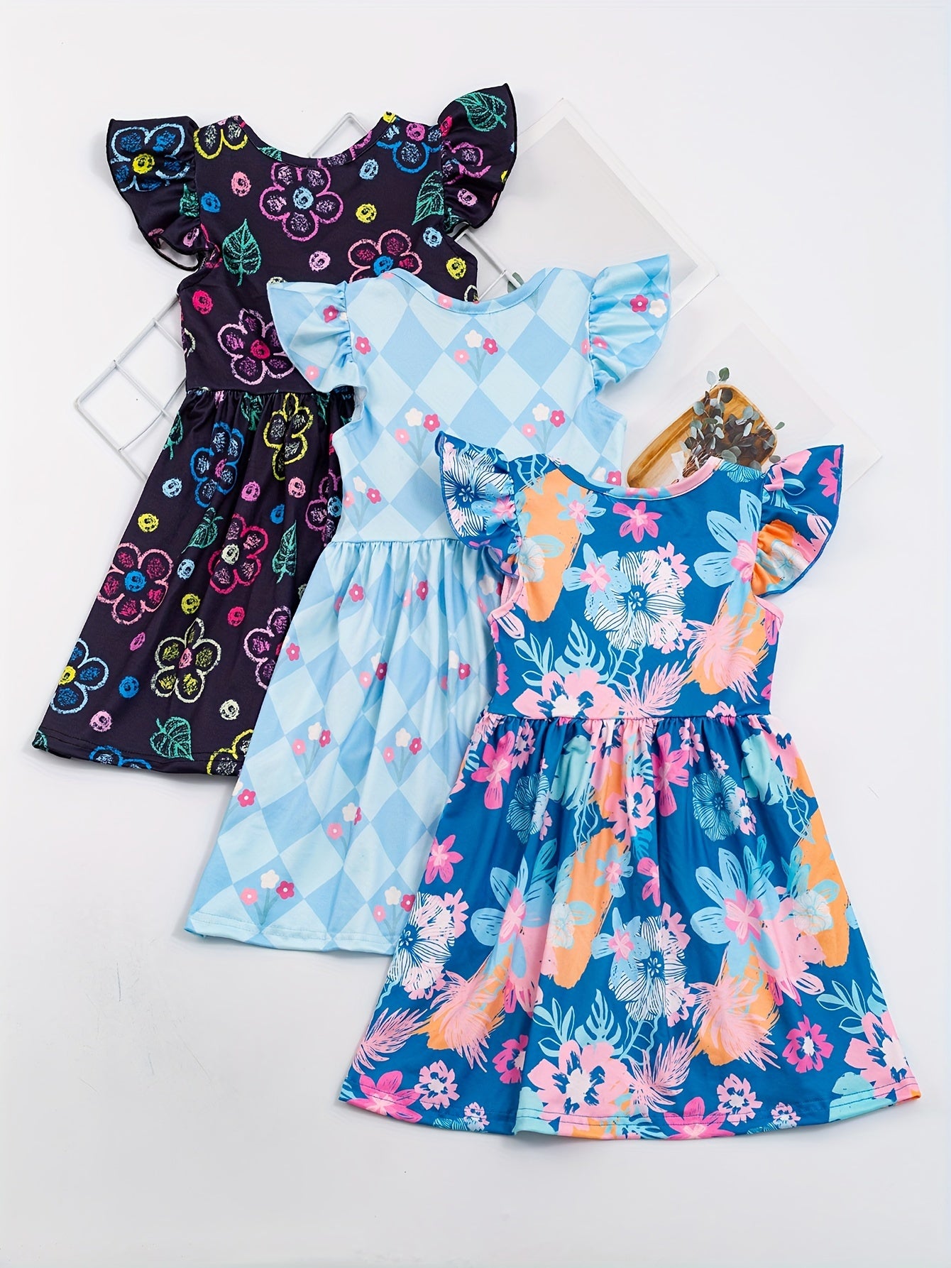 3pcs Girls Summer Floral Ruffle Dress Set - Adorable Print, Playful Ruffles, Lightweight Short Sleeves for Stylish Outfits