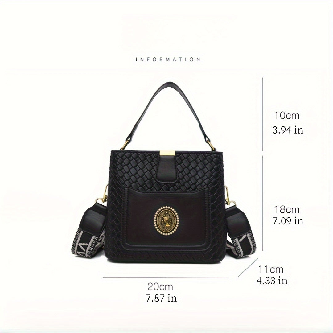 Woven Pattern Bucket Bag For Women, Trendy Mini Crossbody Bag, Retro PU Leather Handbag & Purse