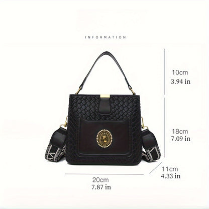 Woven Pattern Bucket Bag For Women, Trendy Mini Crossbody Bag, Retro PU Leather Handbag & Purse