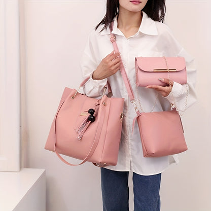 3pcs/set Fashion Pink Tote Bag, Trendy Crossbody Bag, Women's Casual Handbag, Shoulder Bag & Hobo Purse