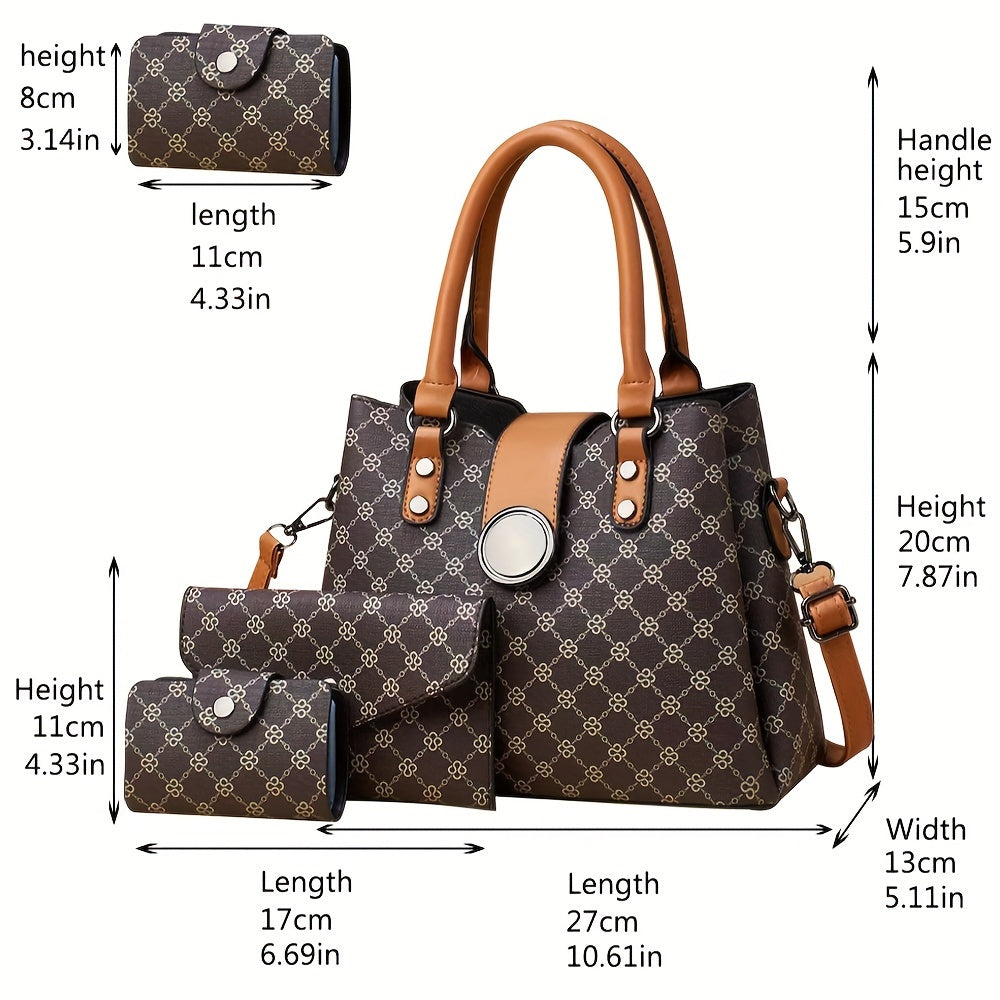 realaiot 3Pcs Trendy Argyle Print Bucket Bag Set, Faux Leather Tote Bag & Coin Bag & Card Holder, Perfect Women Bags Set For Daily Use