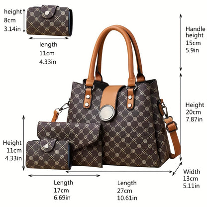 realaiot 3Pcs Trendy Argyle Print Bucket Bag Set, Faux Leather Tote Bag & Coin Bag & Card Holder, Perfect Women Bags Set For Daily Use