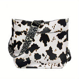 realaiot  Leopard Print Straps Crossbody Bag, Solid Color Saddle Bag, Shoulder Zipper Bag For Work