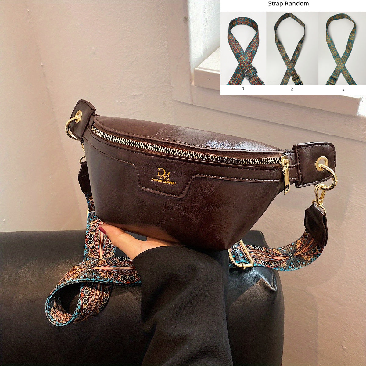 Vintage Waist Pack For Women, Ethnic Style Crossbody Bag, PU Leather Zipper Chest Purse