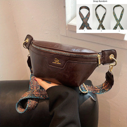 Vintage Waist Pack For Women, Ethnic Style Crossbody Bag, PU Leather Zipper Chest Purse