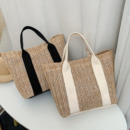 realaiot  Straw Woven Tote Bag For Women, Boho Style Summer Beach Bag, Small Braided Shoulder Bag For Travel