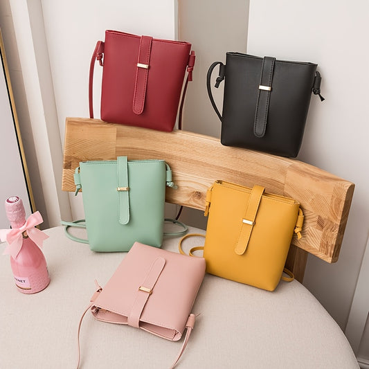 realaiot  Mini Small Solid Color Crossbody Square Bag, Women's Buckle Decor Shoulder Bucket Bag For Phone