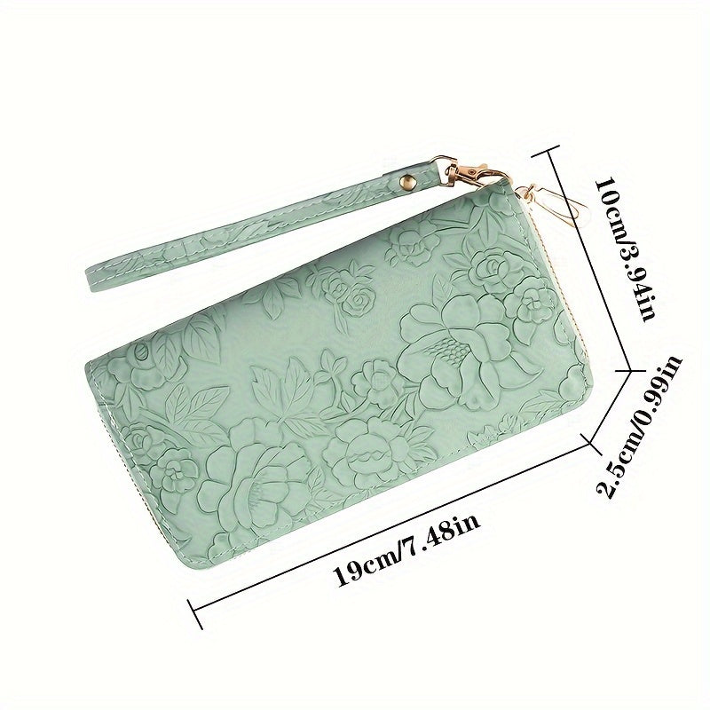 realaiot Women's Floral Embossed Long Wallet, Solid Color PU Leather Coin Purse, Trendy Zipper Card Holder Clutch Bag