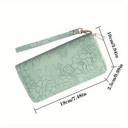 realaiot Women's Floral Embossed Long Wallet, Solid Color PU Leather Coin Purse, Trendy Zipper Card Holder Clutch Bag