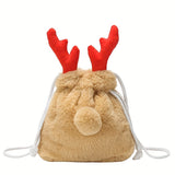 realaiot  Christmas Elk Plush Bucket Bag, Kawaii Faux Fur Crossbody Bag, Cute Fluffy Drawstring Purse, Christmas Gift For Girls Women