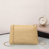 realaiot  Small Straw Square Bag, Trendy Summer Beach Flap Purse, Women's Chain Crossbody Bag,