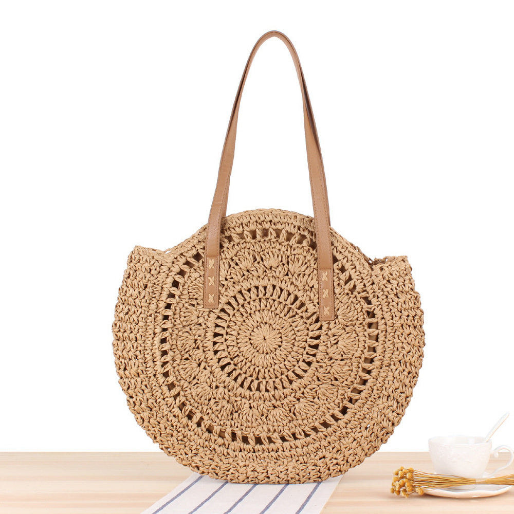 realaiot  Hollow-Out Straw Handbag, Fashion Woven Beach Bag, Round Large Capacity Shoulder Bag