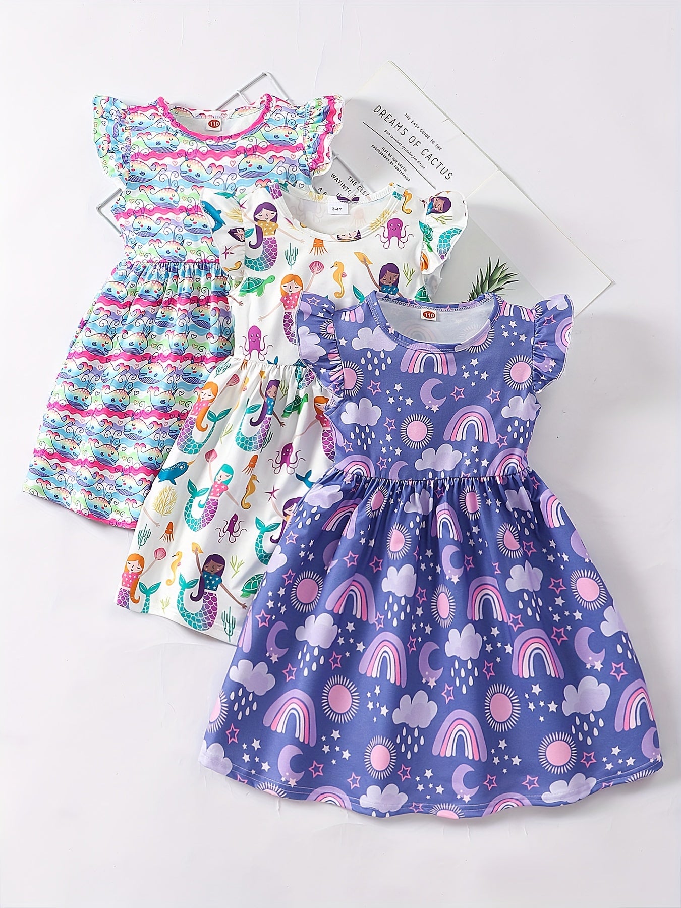 3 Packs Girls Mermaid & Whales & Rainbow Pattern Frill Sleeve Comfy Casual Dresses - Soft Slight Stretch Polyester Fabric, A-Line Fit, Perfect for Summer Holiday Gift