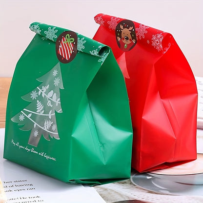 10 Pcs Mixed Christmas Packaging Bags With Stickers, Candy Packaging Bag, Chocolate Biscuit Bag, Food Storage Bag, For Christmas Decorations, Christmas Party Supplies, Christmas Accessories