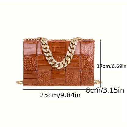 realaiot Crocodile Pattern Braided Crossbody Bag, Classic Square Shoulder Bag, Women's Elegant Handbag & Purse