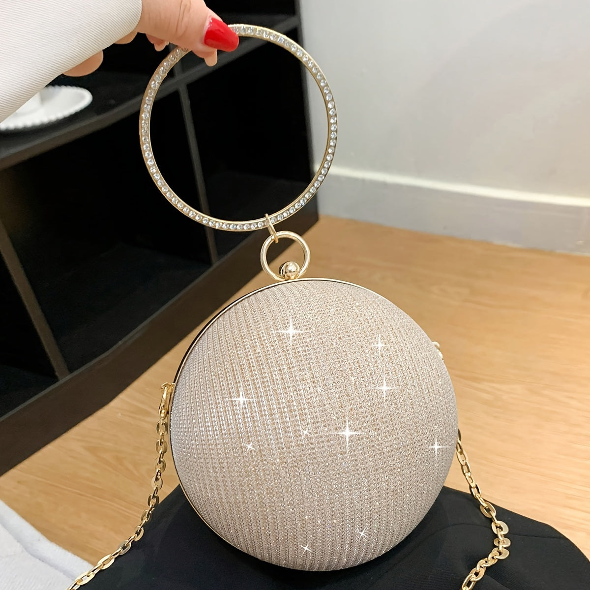 realaiot  Mini Glitter Chain Circle Bag, Bride Purse For Wedding, Prom & Party Events, Luxury Design Handbag With Chain Strap