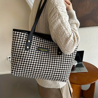 realaiot  Retro Houndstooth Pattern Tote Bag, Large Capacity Shoulder Bag, Fashion Handbag For Work School Shopping