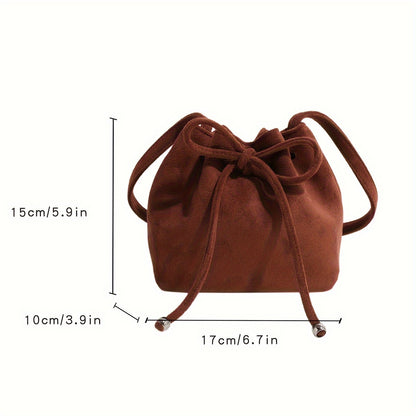 realaiot  Retro Mini Drawstring Bucket Bag, Solid Color Crossbody Bag, Fashion Shoulder Handbag For Women