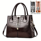 realaiot  Crocodile Pattern Handbag, Stylish Glossy Crossbody Bag, Women's Top Handle Satchel Purse