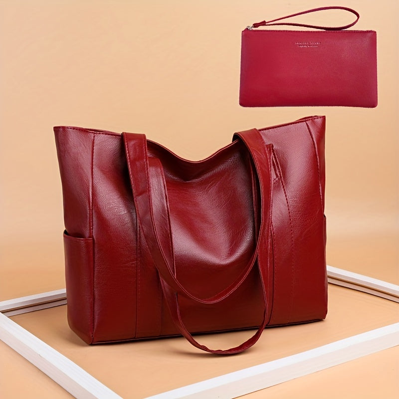 1pc Solid Color Durable Shoulder Bag, Large Capacity Trendy Handbag, PU Leather Zipper Portable Double Handle Tote Bag