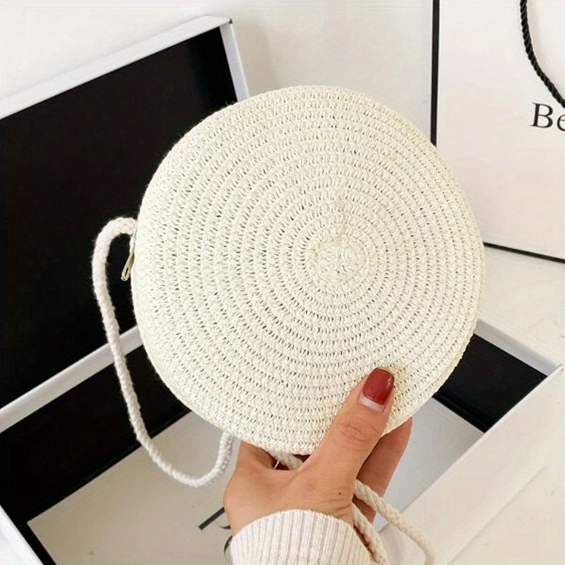 realaiot  Straw Woven Round Crossbody Bag, Solid Color Handmade Beach Bag, Women's Simple Seaside Travel Handbag & Purse For Vacation