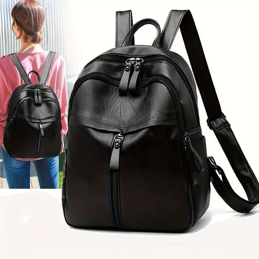 realaiot  Solid Color Backpack, Fashion PU Leather Daypack, Casual Travel Schoolbag With Multi Zipper