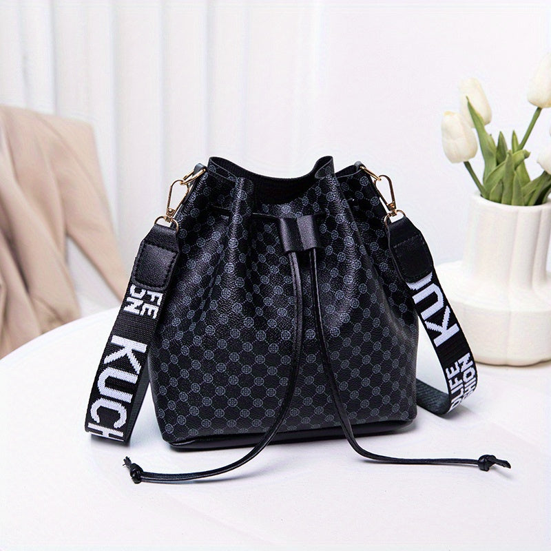 realaiot  Vintage Small Geometric Pattern Bucket Bag, Classic Drawstring Shoulder Bag, Mini Letter Pattern Strap Crossbody Bag