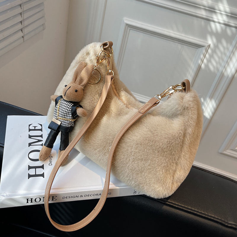 Trendy Zipper Plush Shoulder Bag, Stylish All-Match Crossbody Bag, Versatile Bag With Rabbit Pendant