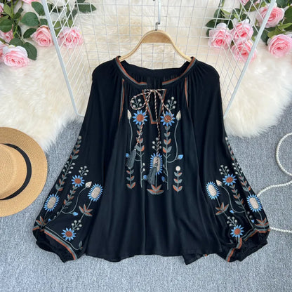 TEELYNN BOHO blouse cotton floral embroidered blouses tassel long lantern sleeve loose Casual hippie women tops blouse and shirt 210315