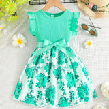 Charming Sweet Girls Floral Spliced Dress - Soft 93% Cotton, Perfect for Summer Parties & Gifts