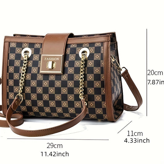 realaiot  Vintage Plaid Print Crossbody Bag, Retro PU Shoulder Bag, Women's Fashion Handbag & Purse