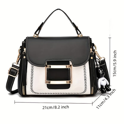 Fashion Color Contrast Handbag, Women's Buckle Decor Crossbody Bag, Elegant Top Handle Mini Square Purse